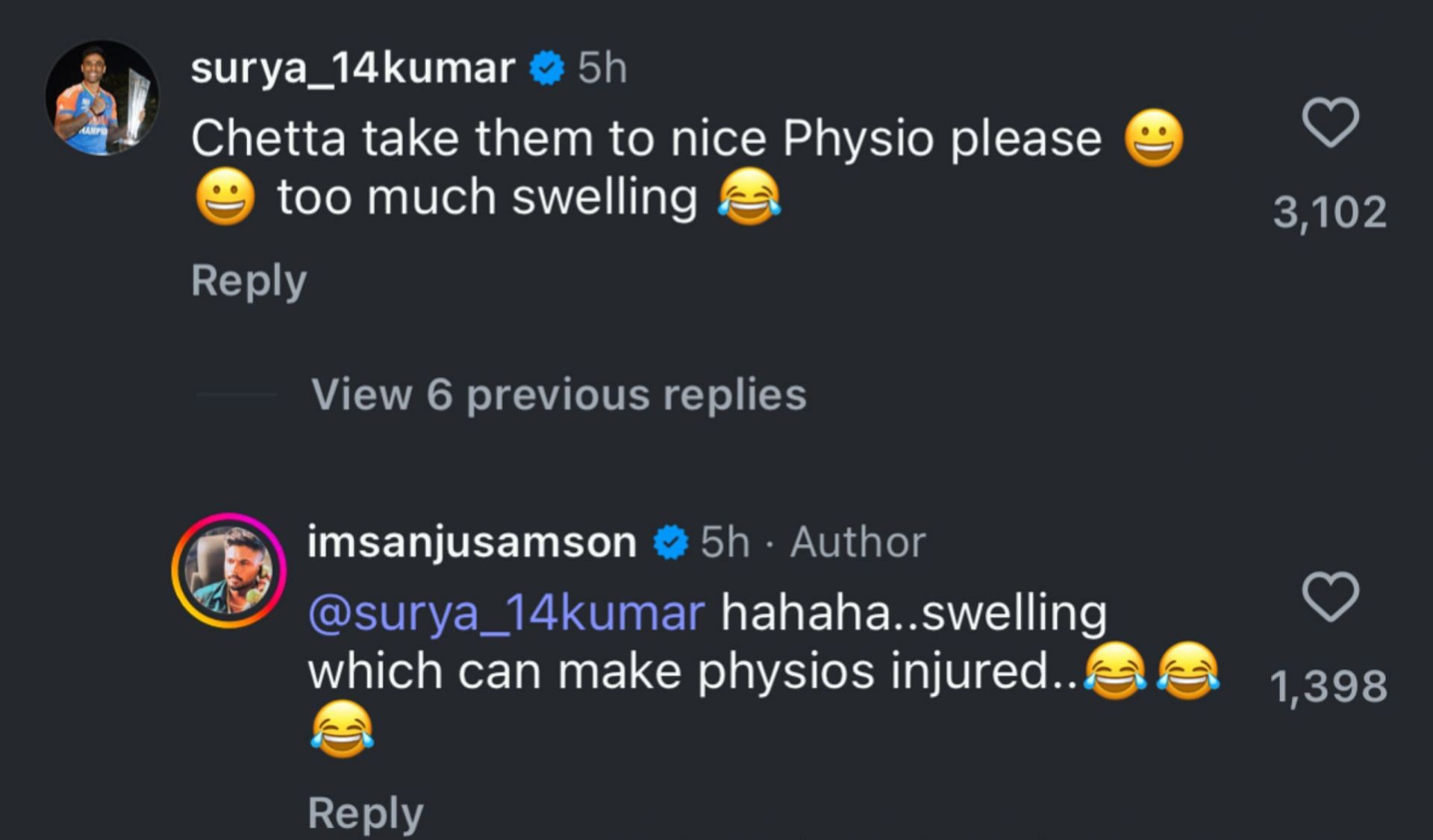 Suryakumar Yadav's hilarious comment on Sanju Samson's post (Image via Instagram-@imsanjusamson)